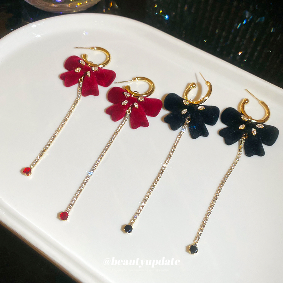 银针植绒蝴蝶结流苏耳钉秋冬高级感复古气质百搭耳环轻奢小众耳饰