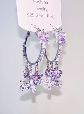 2025春款设计紫色水晶锆石花朵蝴蝶流苏大耳圈银针耳环轻奢耳饰女