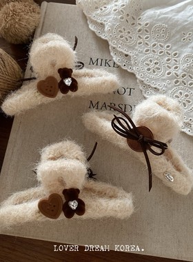 新款秋冬毛绒抓夹小熊发夹甜美可爱卡通发卡鲨鱼夹少女发饰成人