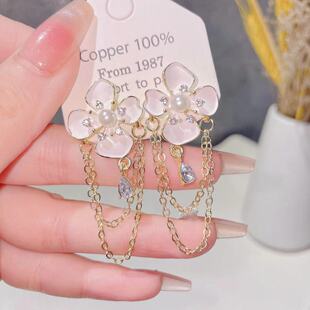 新中式白色滴油花朵水滴链条流苏银针耳环 简约复古小众ins风耳钉