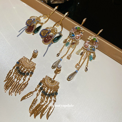 法式复古超闪镶钻圆形流苏吊坠水晶耳钩宫廷风耳环轻奢高级感