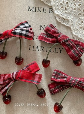 韩版新款复古格纹蝴蝶结樱桃发夹发圈儿童发饰甜美刘海侧边鸭嘴夹