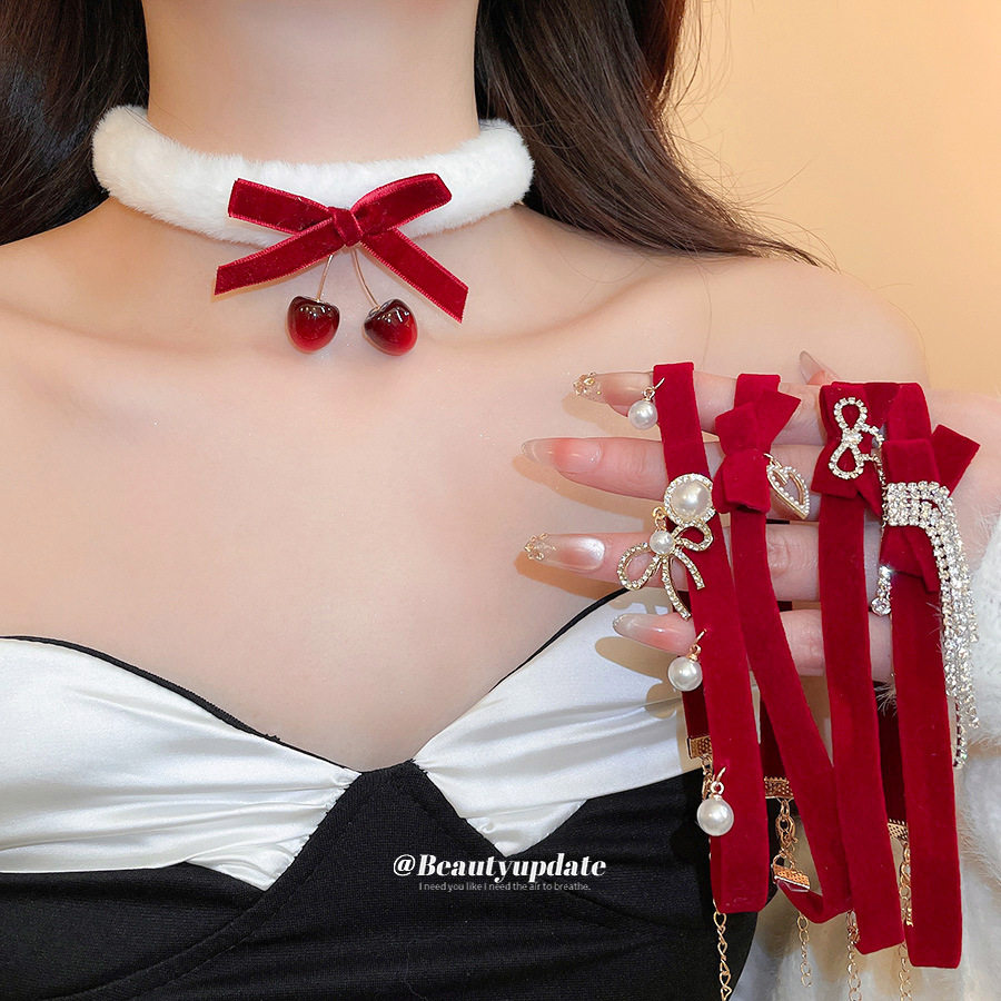 新年红色镶钻蝴蝶结珍珠颈链复古优雅气质百搭锁骨链轻奢小众项链,饰品/流行首饰/时尚饰品新,项链,淘宝优惠券,粉丝福利购,淘宝优惠卷
