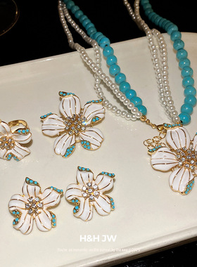 镶钻滴油珍珠花朵吊坠项链套装中古vintage锁骨链轻奢高级感项饰