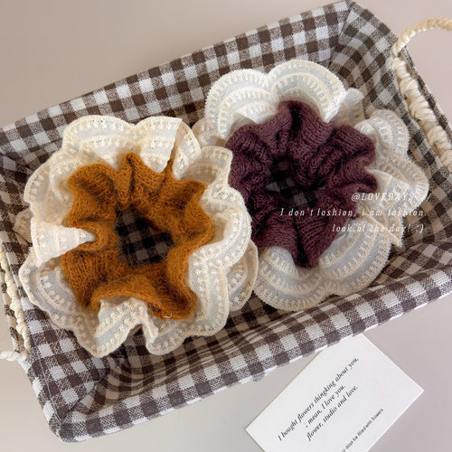 韩系慵懒风毛线针织蕾丝花边双层大肠发圈女扎头发丸子头发绳头绳