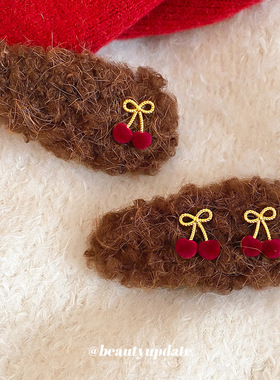 秋冬植绒樱桃发夹高级感精致复古气质侧边夹BB夹简约时尚小众发饰