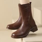 全真皮粗跟中筒靴女秋冬中跟马丁靴软底加绒骑士靴保暖妈妈棉靴子