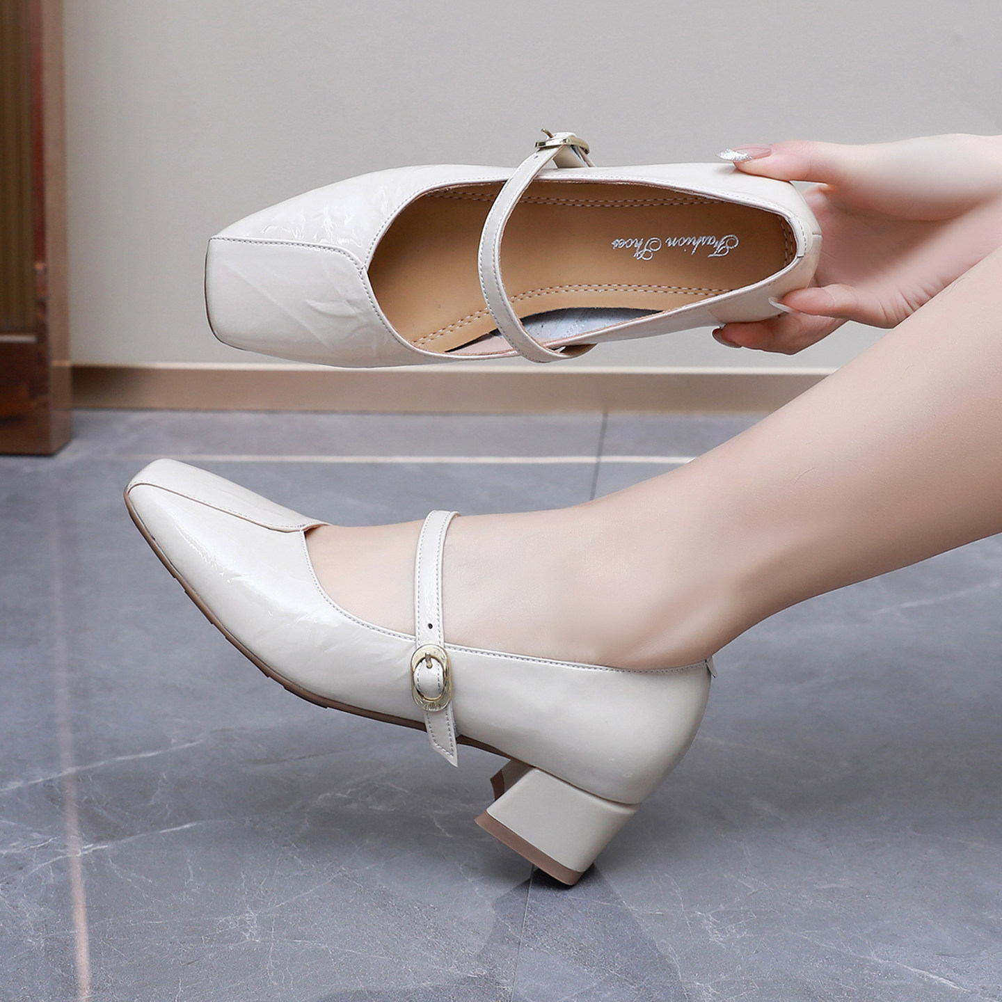 粗跟一字带玛丽珍女鞋春夏款方头通勤小皮鞋休闲女鞋舒适真皮单鞋