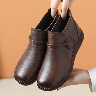 真皮妈妈鞋平底春秋短靴防滑牛筋软底中老年老人棉鞋冬季加绒皮鞋