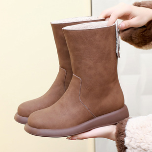 复古勃肯马丁靴女平底秋冬百搭中筒靴真皮加绒保暖雪地靴毛毛靴子
