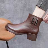 真皮女靴子春秋冬季 全牛皮粗跟妈妈软底短靴女厚底马丁靴大码 棉靴