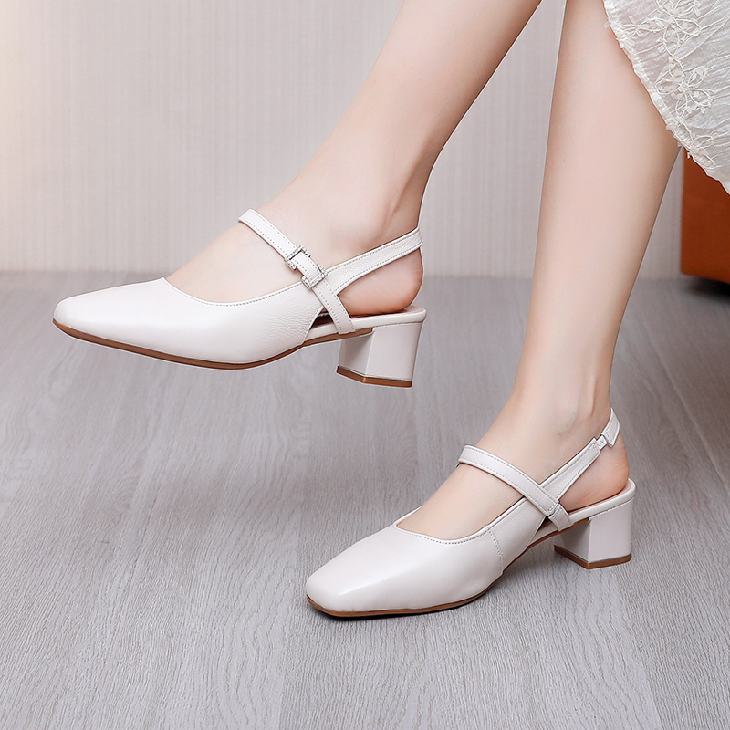 真皮包头凉鞋女夏季一字带方头配裙子玛丽珍皮鞋软底粗跟后空单鞋