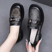 英伦风乐福鞋 新款 大码 镂空女鞋 真皮网纱凉鞋 包头软底平底单鞋 夏季