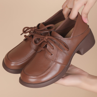 女真皮软底不累脚单鞋 舒适妈妈鞋 粗跟春秋皮鞋 深口女鞋 大码 乐福鞋