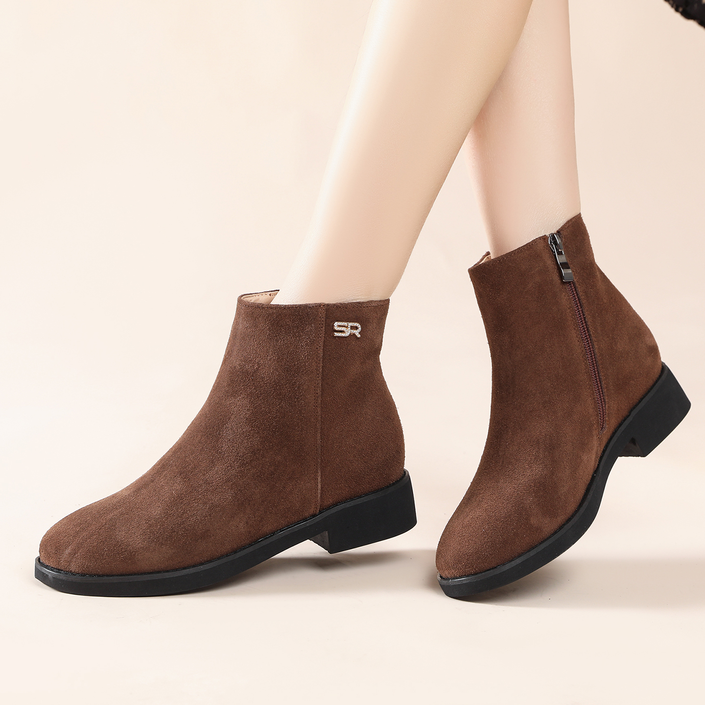 翻毛皮秋冬女鞋磨砂皮矮跟短靴防滑加绒保暖靴子舒适低跟妈妈靴子