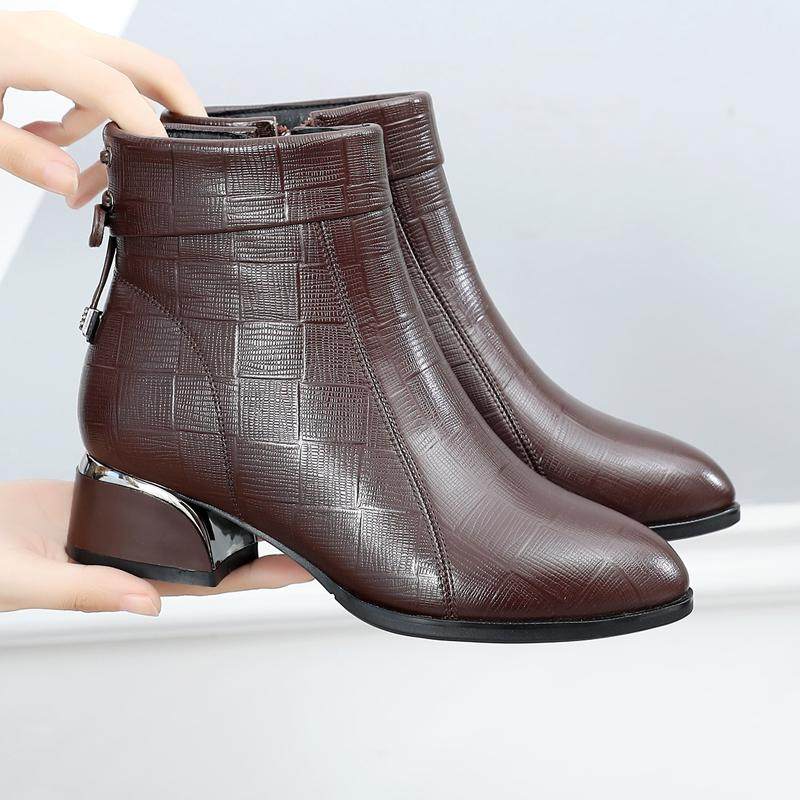 粗跟短靴女春秋单靴冬季羊毛靴子中年加绒妈妈棉鞋真皮中跟马丁靴