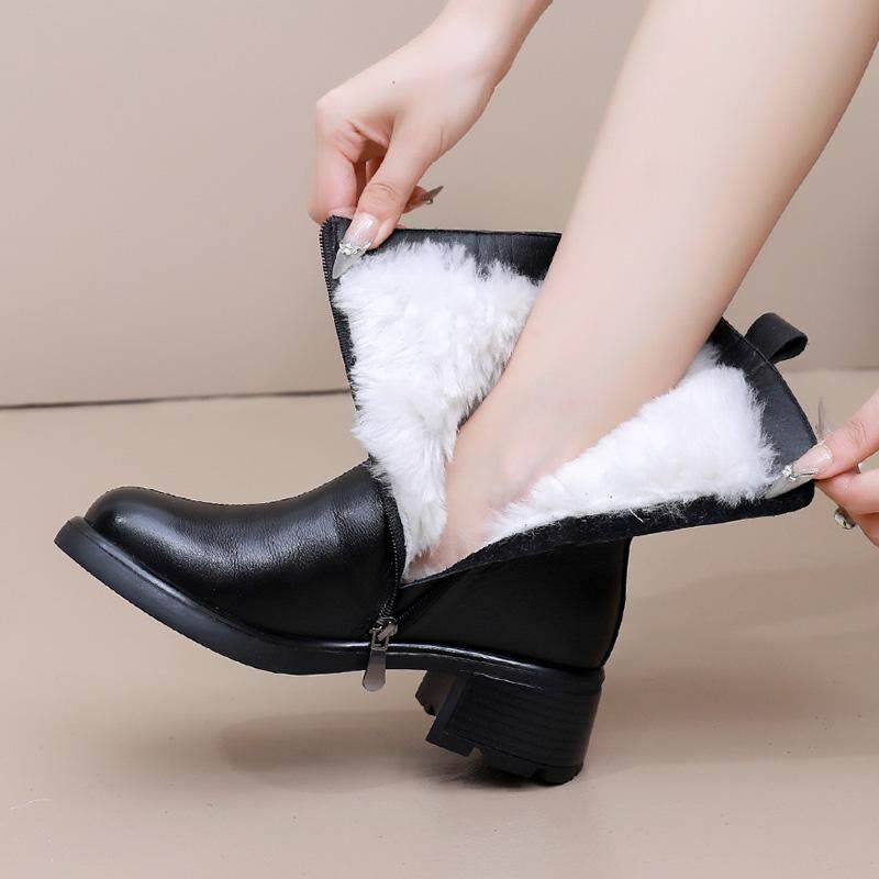 皮毛一体羊毛女靴真皮粗跟马丁靴冬季加绒保暖加厚中筒靴妈妈棉靴,女鞋,马丁靴,淘宝优惠券,粉丝福利购,淘宝优惠卷