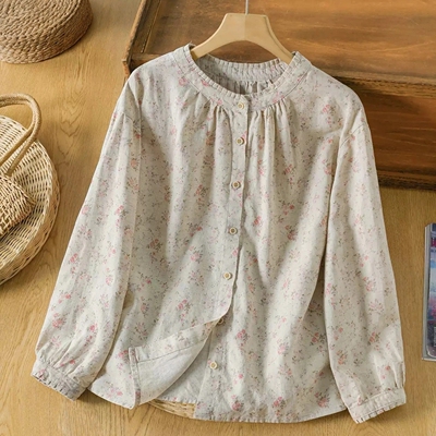 2026新款汉麻长袖衬衫女文艺印花