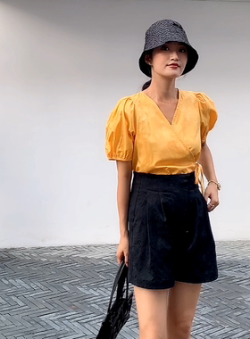 内赫neihe紫色衬衣女2020夏季新款设计感小众法式V领系带衬衫上衣