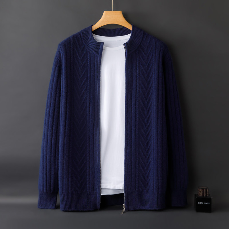 100% 모직 스웨터 남성용 세미 하이 라운드 넥 지퍼 두꺼운 카디건 솔리드 컬러 루즈 캐주얼 비즈니스 스웨터 자켓