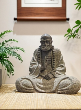 天然青石达摩祖师整石雕刻家居禅房佛堂茶室茶空间意境装饰摆件