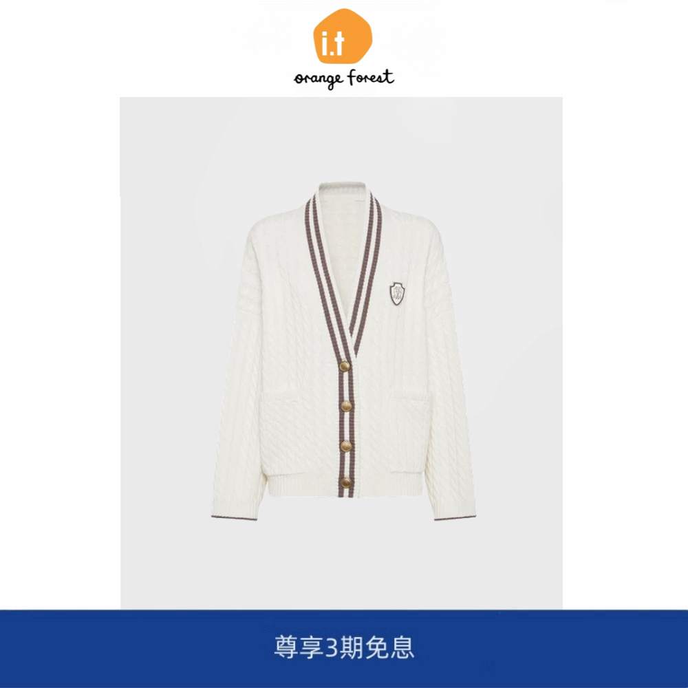 it :orange forest网球系列长袖绞花针织开衫女 外套宽松毛衣上衣