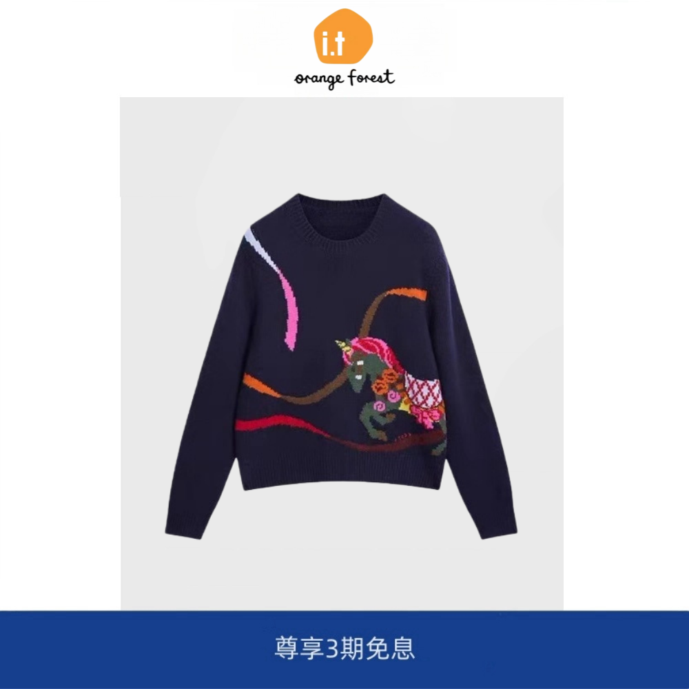 it :orange forest提花圆领生肖套衫卡通图案圆领毛衣针织衫套头