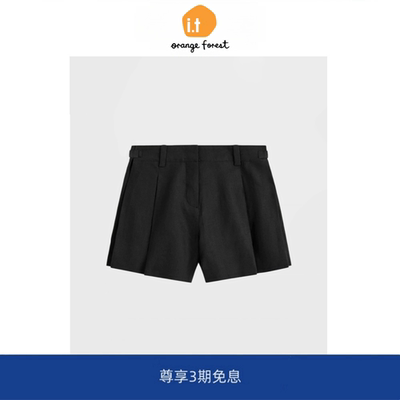 【现货】it orange forest标准版型亚麻褶裥短裤黑色春季新品裤子