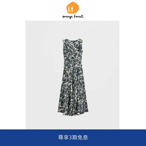 【现货】it orange forest真丝印花无袖连衣裙腰带显瘦气质大摆裙