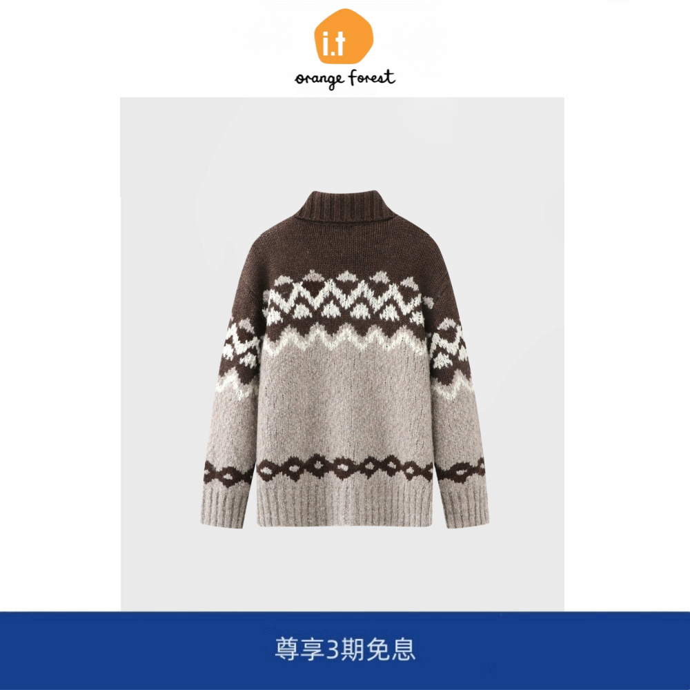 it :orange forest精工绵羊毛厚实费尔岛花纹高领休闲针织衫套头
