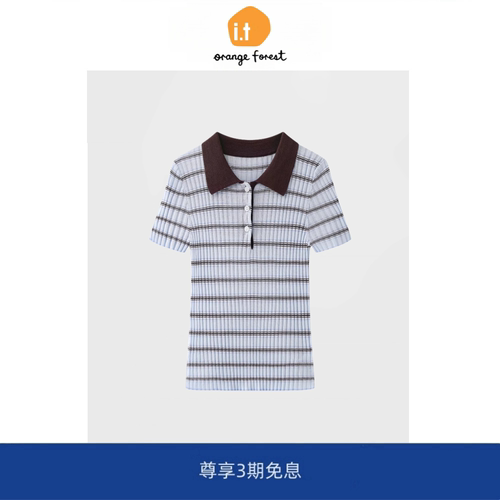 【现货】it orange forest条纹针织短袖POLO领针织衫上衣短袖T恤