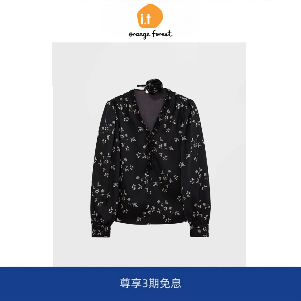 it :orange forest长袖衬衫法式浪漫格调花布上衣碎花气质V领衬衣