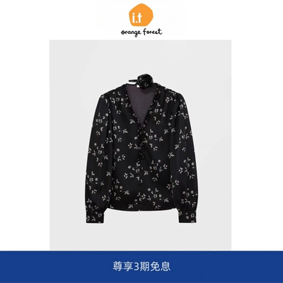 it :orange forest长袖衬衫法式浪漫格调花布上衣碎花气质V领衬衣