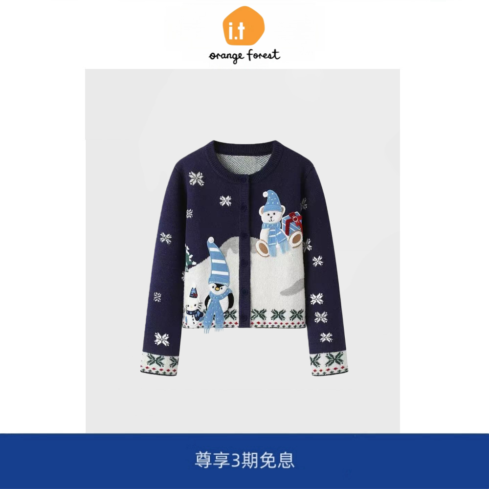 it :orange forest雪景雪人贴布针织衫圣诞复古提花刺绣毛衣外套