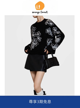 it :orange forest经典黑色刺绣花朵圆领针织衫毛衣休闲针织套头