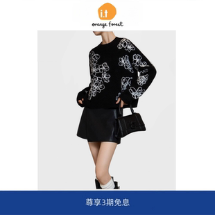 it :orange forest经典黑色刺绣花朵圆领针织衫毛衣休闲针织套头