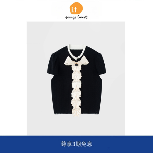 【现货】it orange forest新款绣花蝴蝶结针织短袖女蕾丝短袖上衣