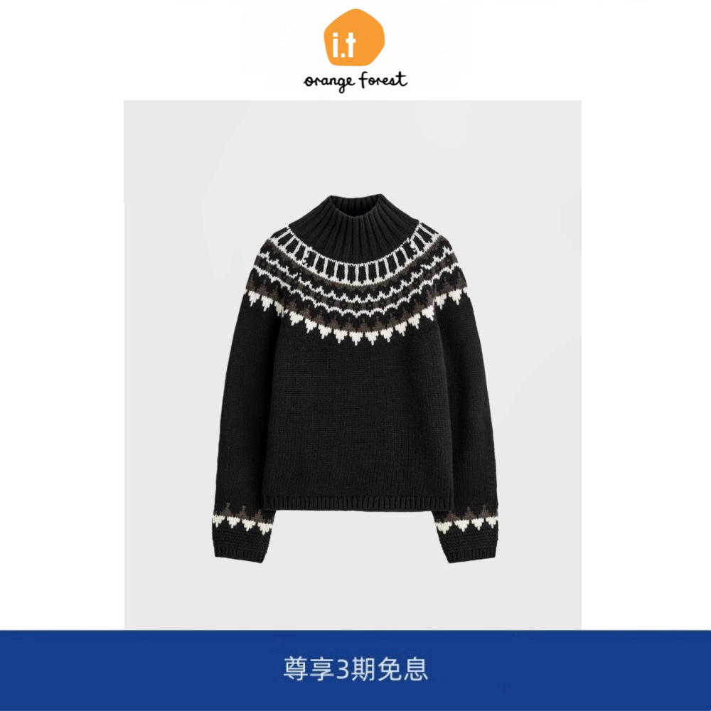 it :orange forest秋冬新款高领罗费尔岛提花纹羊毛针织衫套头