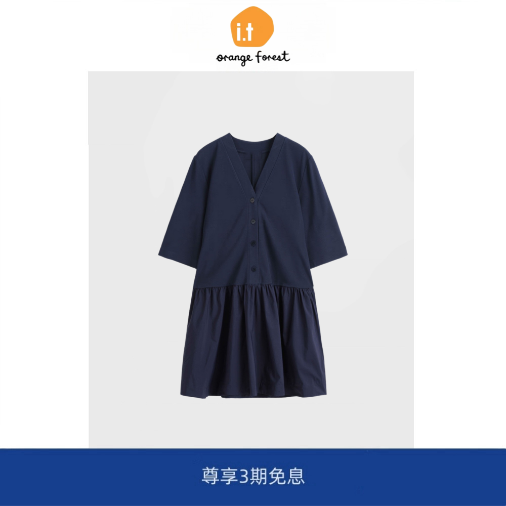 it :orange forest短袖V领拼接迷你连衣裙女 2025年秋季新款裙子
