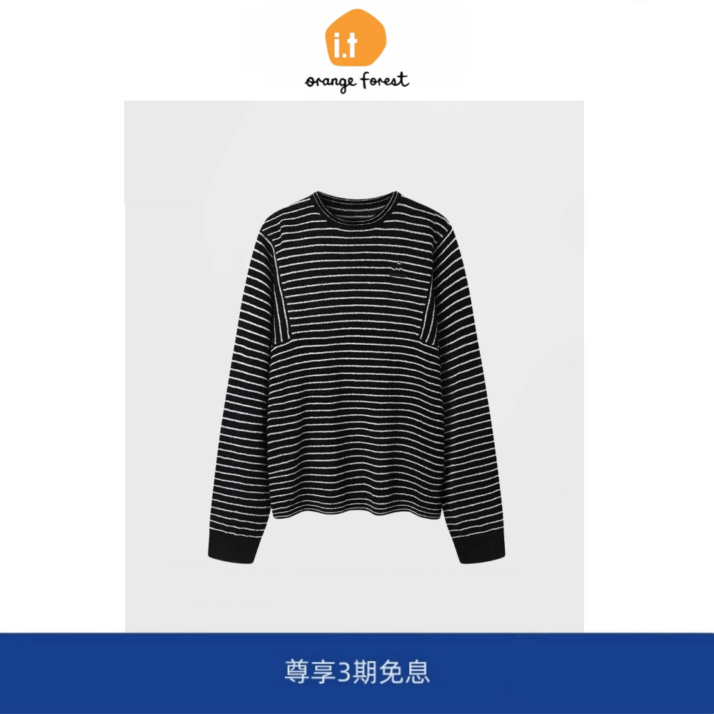 it :orange forest条纹宽松慵懒风针织衫女长袖黑色圆领百搭上衣