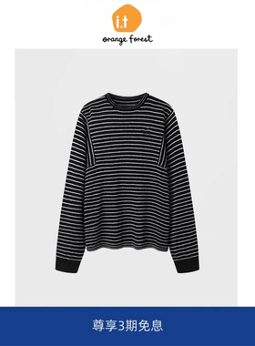 it :orange forest条纹宽松慵懒风针织衫女长袖黑色圆领百搭上衣
