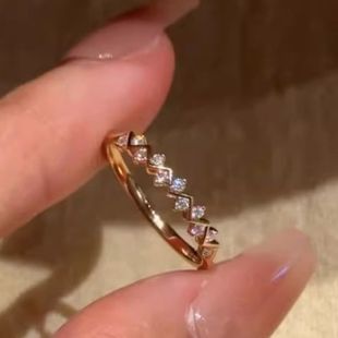 韩系碎钻轻奢菱形波浪纹细圈戒指女闪钻锯齿碎闪闪开口戒