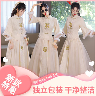 租借中式伴娘服2025冬季新款中国风伴娘团姐妹裙加绒加厚复古秀禾