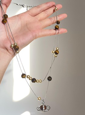 秋冬虎眼石珍珠土星吊坠项链颈链