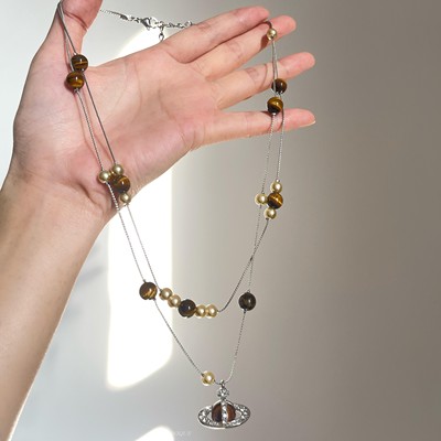 秋冬虎眼石珍珠土星吊坠项链颈链