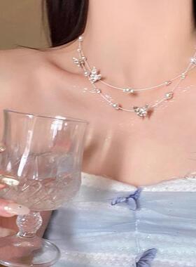 双层珍珠蝴蝶锁骨链女ins项链