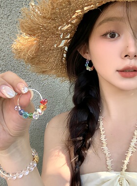 彩色多巴胺水晶串珠圈圈耳环女款