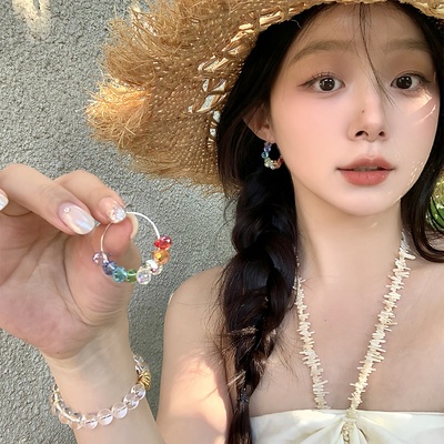 彩色多巴胺水晶串珠圈圈耳环女款