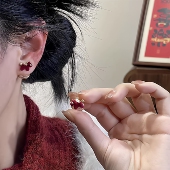 新款 酒红色植绒卡通两戴小马珍珠耳钉女2026复古耳环可爱气质配饰