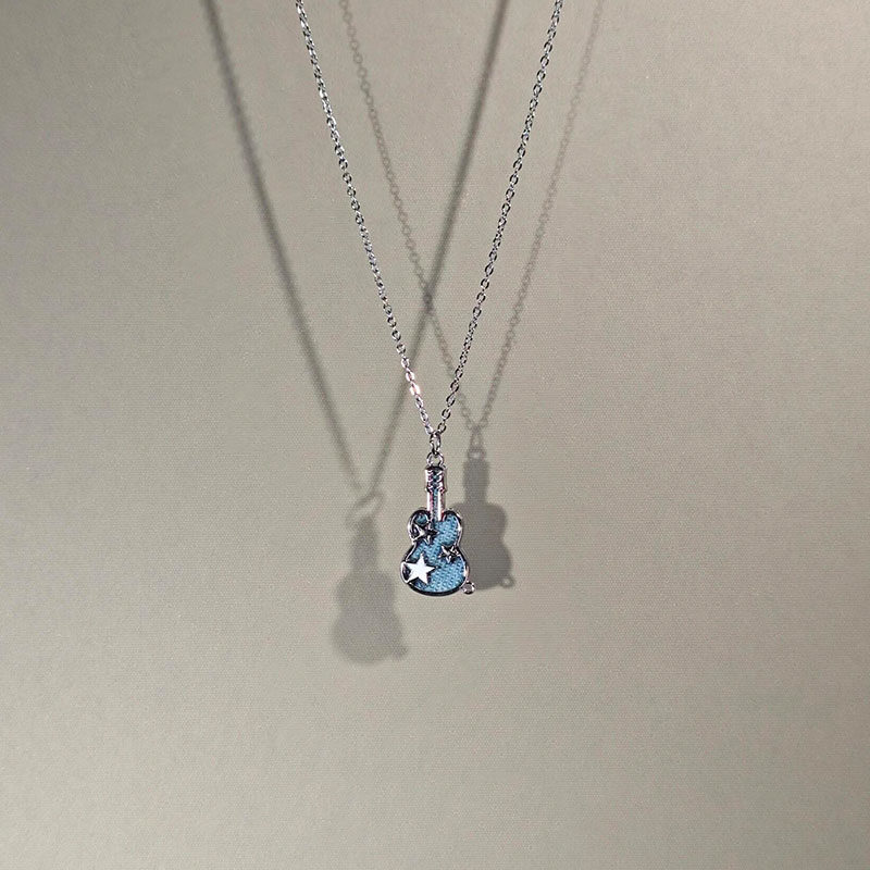 酷酷牛仔！韩系蓝色吉他星星女吊坠项链甜酷风时尚嘻哈个性锁骨链